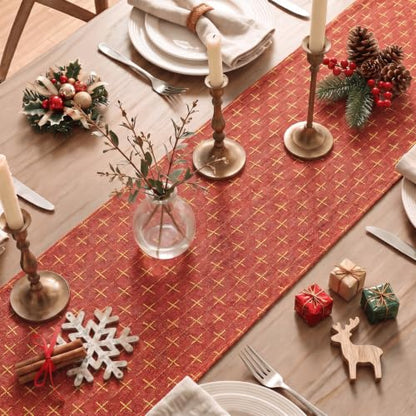 Red Cross-Star Textured Table Runner - Seasonal Christmas Rustic Decor 13x108 Inch