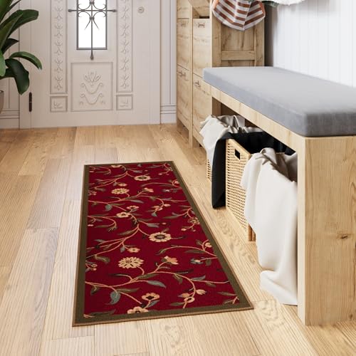 Ottomanson Hallway Runner Rug 20" x 53" Non Slip Floral Area Rugs Easy to Clean Laundry Rug Runner Durable & Pet Friendly Floor Carpet Runners for Hallways Entryway Living Room Kitchen Bathroom, Red