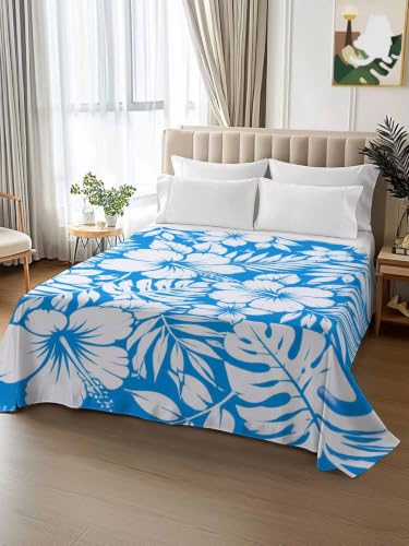 King Flat Sheet Hibiscus Flowers Blue Tropical Monstera Leaves Microfiber Bedding