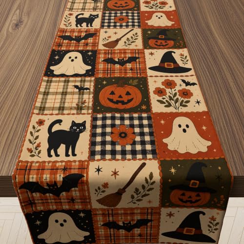 Halloween Patchwork Table Runner - Rustic Farmhouse Style, 73x13.8 Inches