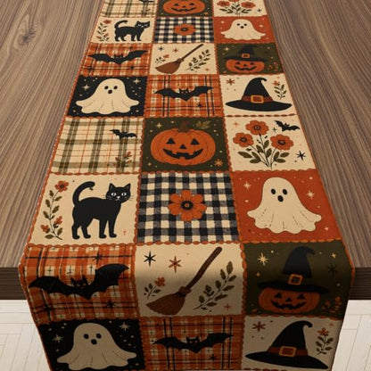 Halloween Patchwork Table Runner - Rustic Farmhouse Style, 73x13.8 Inches