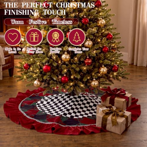48 Inch Black and White Checkered Christmas Tree Skirt with Burgundy Ruffle - Variation of THIS listing