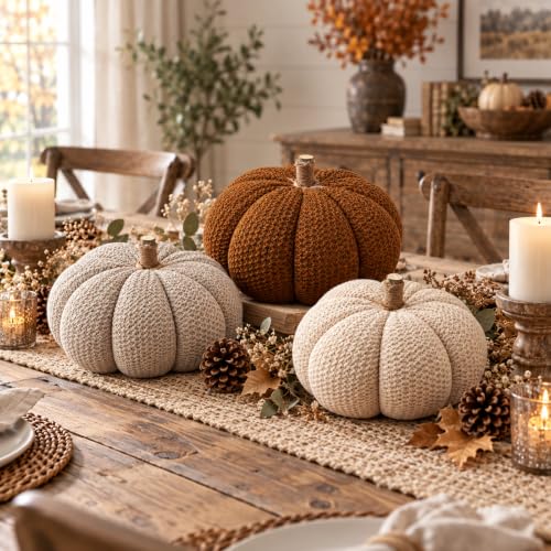 Chenille Pumpkins Set of 3 Large Handmade Fall Decor - Rustic Thanksgiving