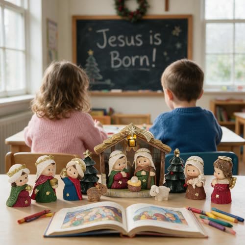 Christmas Nativity Set with LED Lights - 13 Piece Holy Family Figurines - Red Variation