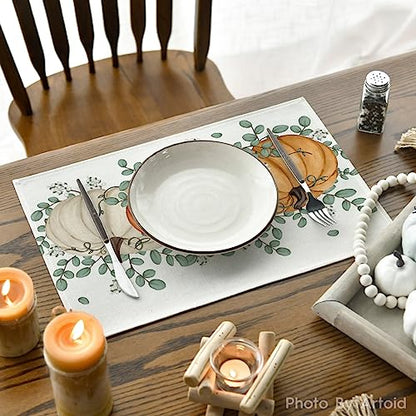 12x18 Inch Fall Placemats Set of 6 - Orange Pumpkin Eucalyptus Seasonal Table Decor