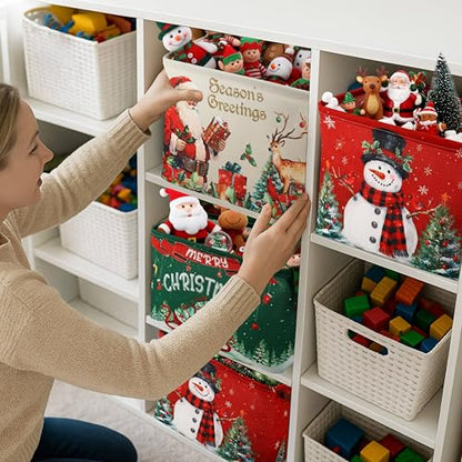 6 Pack Christmas Storage Bins with Retro Canvas Design - Large Collapsible Organizer