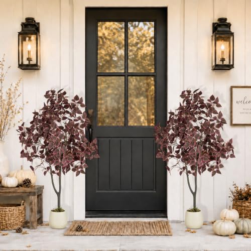 4ft Fall Artificial Tree with Plum Purple Heart-Shaped Leaves and Pot - Porch Decor, Variation of Plum Cimicifuga / 3.9ft