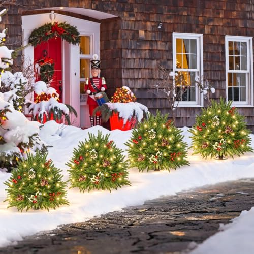 Artificial Norfolk Pine Topiary Trees with Lights - Green Norfolk, Set of 2