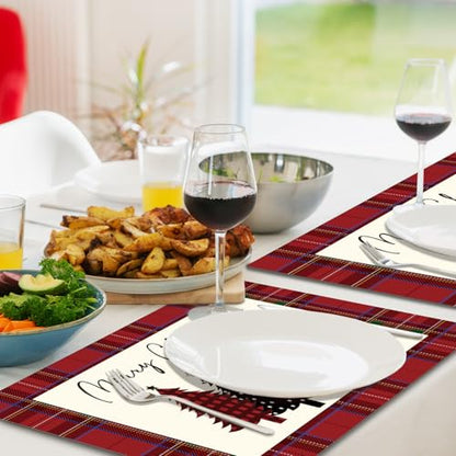 Christmas Trees Red and Black Plaid Waterproof Placemats Set of 4 - Winter Table Decor