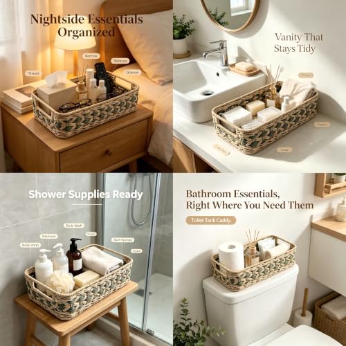2-Pack Woven Rattan Bathroom Organizer Baskets with Handles for Toilet Tank
