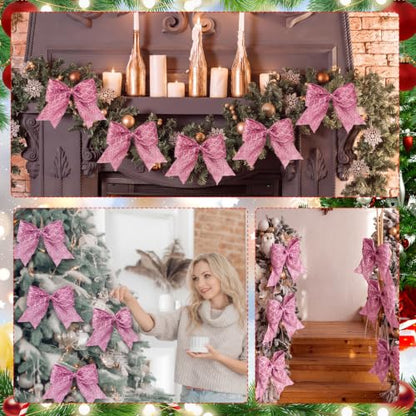 Pink Glitter Mesh Christmas Tree Bows - 12 Pack 6 Inch Holiday Decor