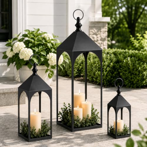 Large Outdoor Floor Lantern Set of 3 - Black Metal Garden Lanterns for Porch & Patio