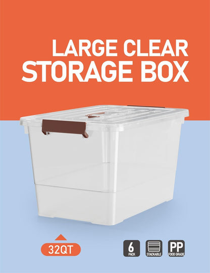 WYT 32 Qt Clear Plastic Storage Bins - Durable Lids & Latching Buckle | 6-Pack Stackable Tote Boxes