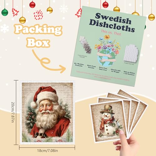 Christmas Swedish Dishcloths for Kitchen - 6 Pack, Vintage Holiday Design
