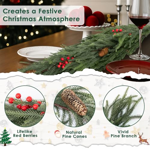 9FT Artificial Christmas Garland Norfolk Pine with Red Berries Winter Decor - Variation of THIS listing