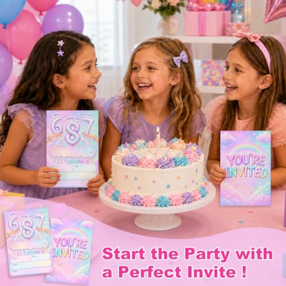 8th Birthday Invitations Rainbow Balloon Party Invites Pink - Pastel Rainbow Variation