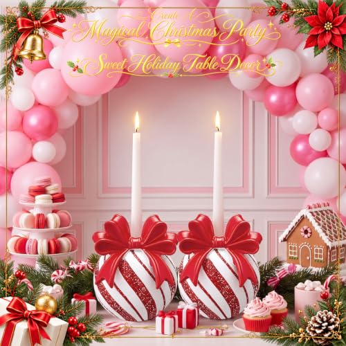 Christmas Bow Candy Ball Candle Holders - Set of 2 Red White Resin Holiday Decor