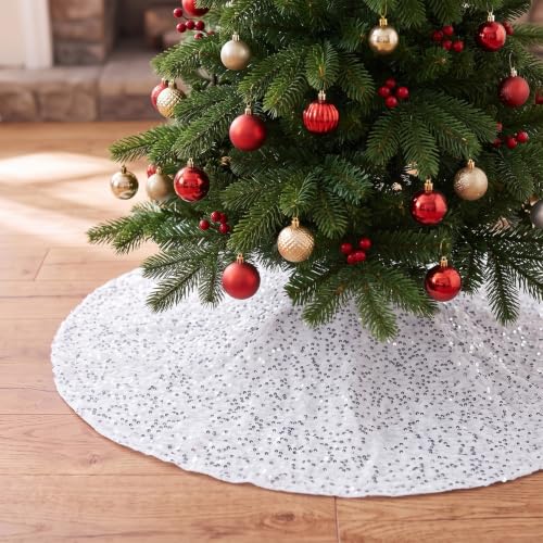 White Velvet Christmas Tree Skirt with Silver Sequins 24 Inch - Holiday Decor