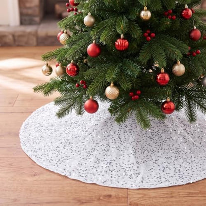 White Velvet Christmas Tree Skirt with Silver Sequins 24 Inch - Holiday Decor