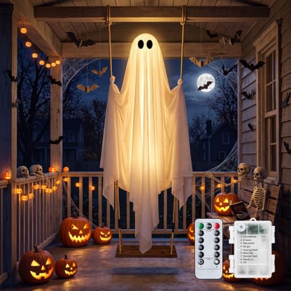 Minetom 4.5FT Medium Swinging Ghost Halloween Outdoor Decor, Hanging Ghost with Lights