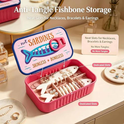 Travel Jewelry Case with Fishbone Chain Holder and Fish-Shaped Slots