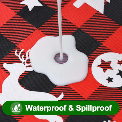 Christmas Table Cloth - Red & Black Round Flannel Backed Vinyl 60 Inch