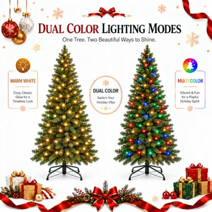 Hinged Artificial Christmas Tree 6ft with Dual-Color Lights - Classic Green
