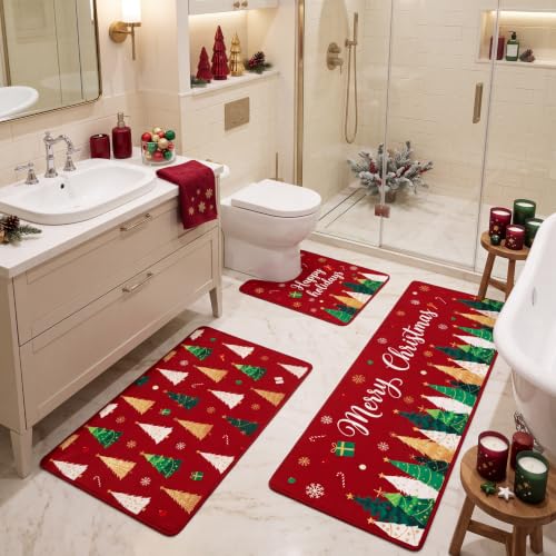 Christmas Bathroom Rug Set 3-Piece Non-Slip Mat with Holiday Design