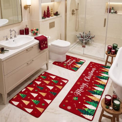 Christmas Bathroom Rug Set 3-Piece Non-Slip Mat with Holiday Design