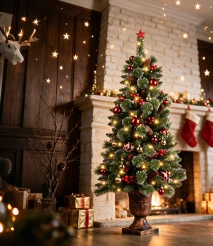 4ft Pre-Lit Artificial Christmas Tree with Snow, Gold Pot Base, Pine Cones