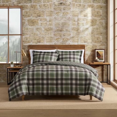 Queen Comforter Set with Shams Reversible Plaid Bedding Lakeshore Green