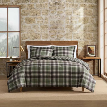 Queen Comforter Set with Shams Reversible Plaid Bedding Lakeshore Green