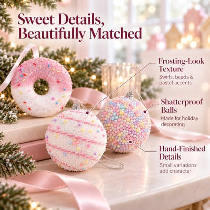 Pink Pastel Christmas Ornaments Set 15PCS Candy Donut & Ice Cream - Medium Variation