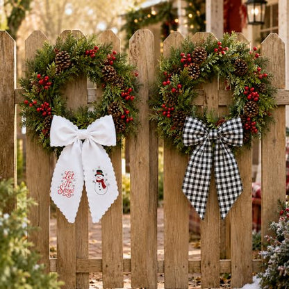 Christmas Wreath Sash Set - Black White Plaid & Embroidered Snowmen, Rustic Holiday Decor - Black White Plaid / 1 Set