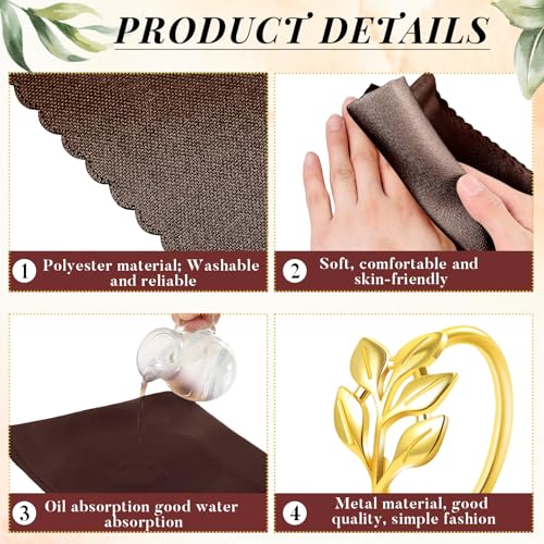 Chocolate Brown Cloth Napkin Set with Gold Ring Holders - 12 Pack, 17x17 Inches, Washable Table Decor for Weddings & Holidays