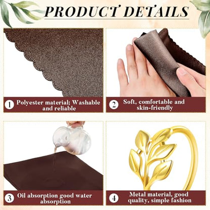 Chocolate Brown Cloth Napkin Set with Gold Ring Holders - 12 Pack, 17x17 Inches, Washable Table Decor for Weddings & Holidays