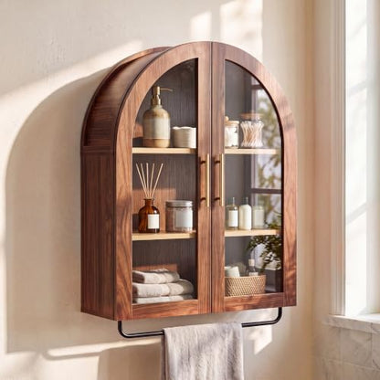 23.6-Inch Walnut Arched Bathroom Wall Cabinet with Towel Bar & Adjustable Shelf