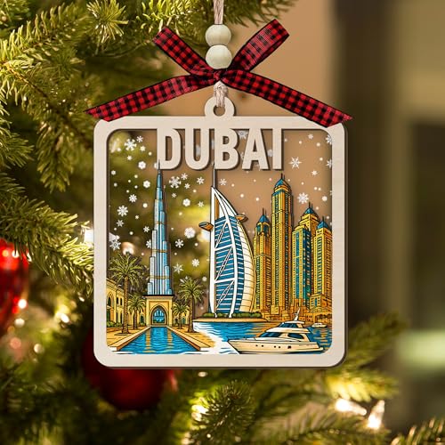Wooden Christmas Ornament with Dubai Skyline - Burj Khalifa & Marina Towers Snow Scene