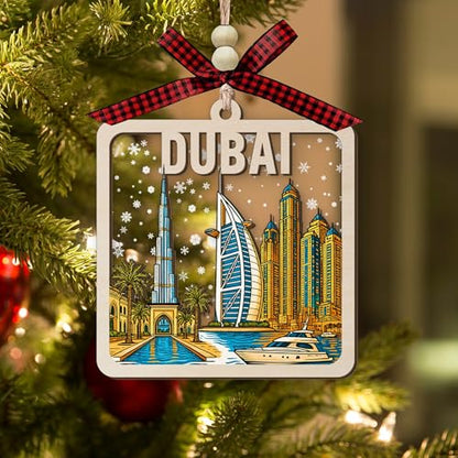 Wooden Christmas Ornament with Dubai Skyline - Burj Khalifa & Marina Towers Snow Scene
