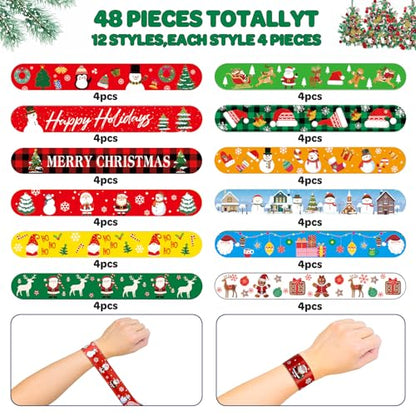 Christmas Slap Bracelets Set - 48pcs with Santa, Snowflakes & Reindeer - Holiday Party Favors