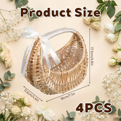 4 Pack Rattan Flower Girl Baskets Half Moon Straw Wicker Decor