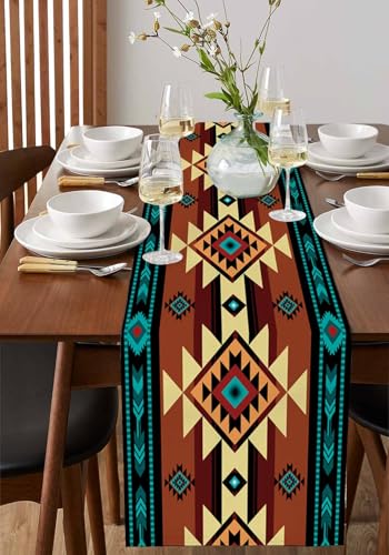 Farmhouse Cotton Linen Table Runner 13x48 Inches for Dining Table, Washable Ethnic Tribal Boho Style - Variation of THIS listing