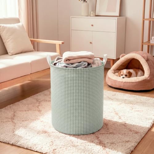 Sage Green Gingham Collapsible Laundry Hamper with Handle - Stylish Storage Basket