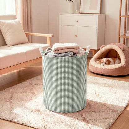 Sage Green Gingham Collapsible Laundry Hamper with Handle - Stylish Storage Basket