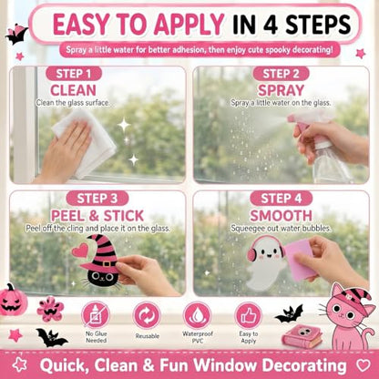Pink Halloween Window Clings Set - 115 Reusable Spooky Decals for Glass