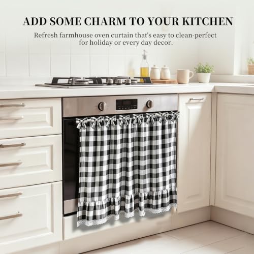 Black and White Check Oven Skirt Curtain with Lace Trim - 30x21 Inch, Variation of Black and White Check