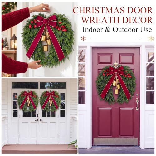 Heart-Shaped Christmas Wreath 24 Inches with Cedar, Velvet Bow & Bells