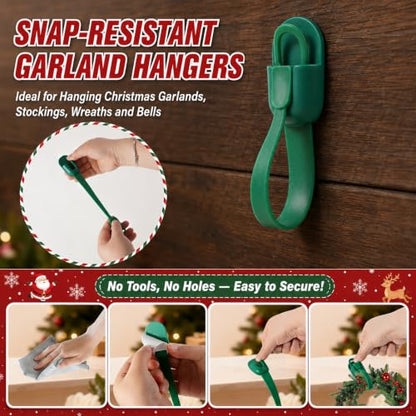 Reusable Christmas Garland Hooks with Adhesive Strips - Green Silicone Set