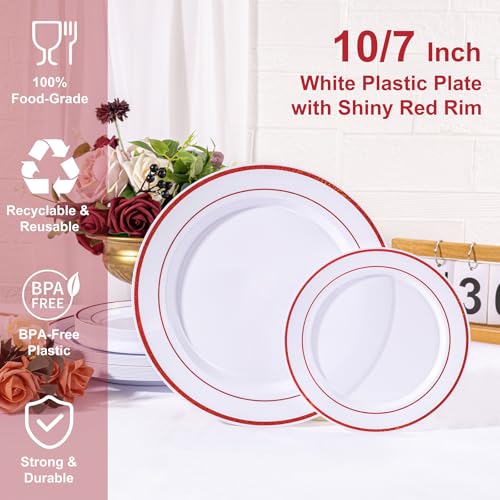 Disposable Red Plastic Plates for Party - 100 Pcs Elegant Dinnerware