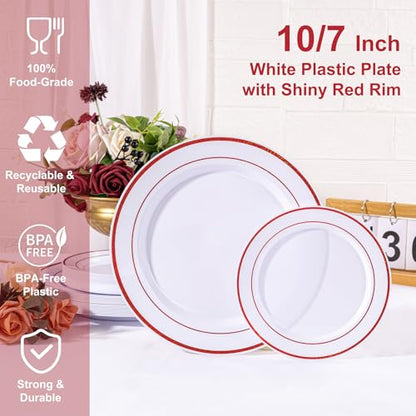 Disposable Red Plastic Plates for Party - 100 Pcs Elegant Dinnerware